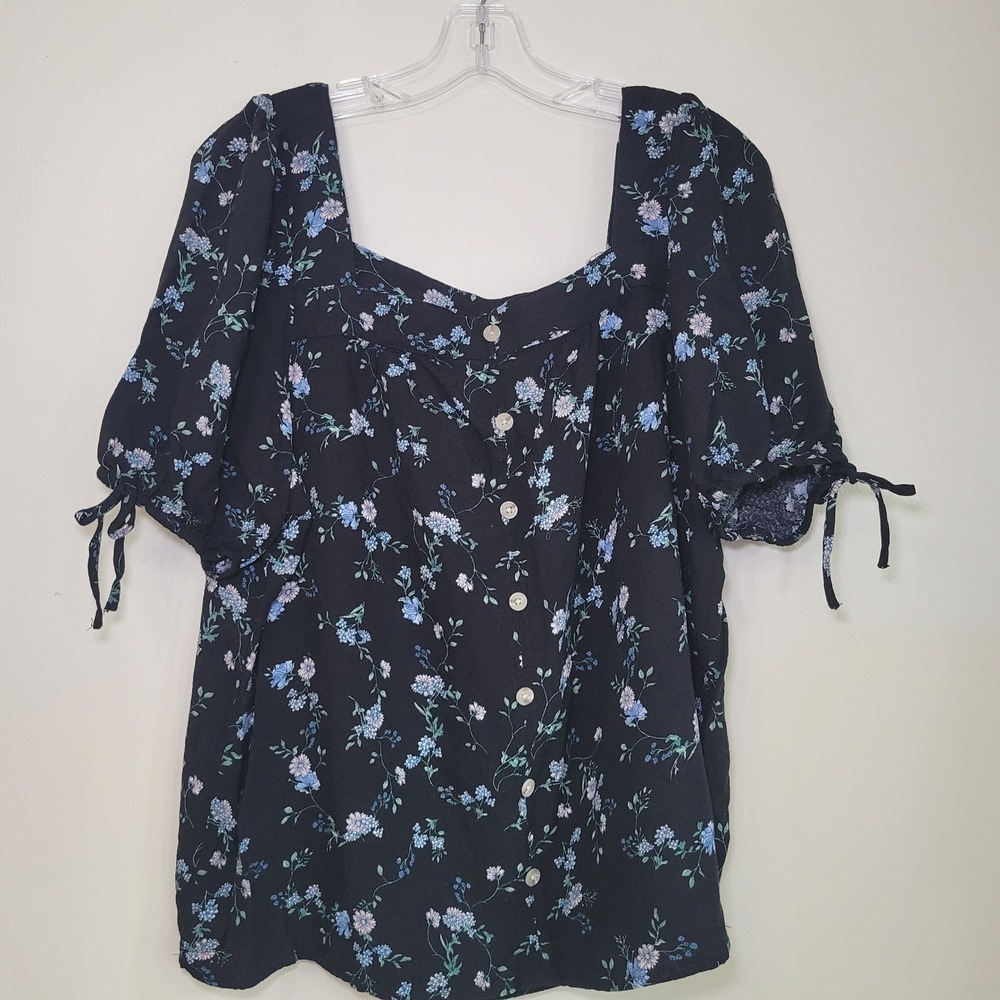 Angels Black Floral 3/4 Sleeve Button Down Square Neckline Blouse Woman's 1X